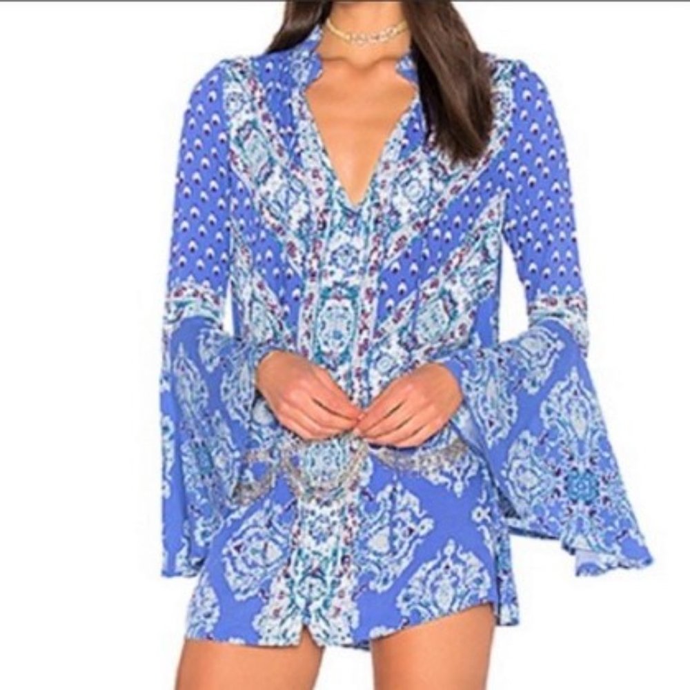 Free People Tunic Top Blue Purple Geo Floral Long Bell Sleeves Ruffle Collar S